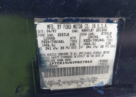 1997 Ford Ranger Splash/Xl/Xlt из США, поврежденный, VIN 1FTCR14U6VPB07865